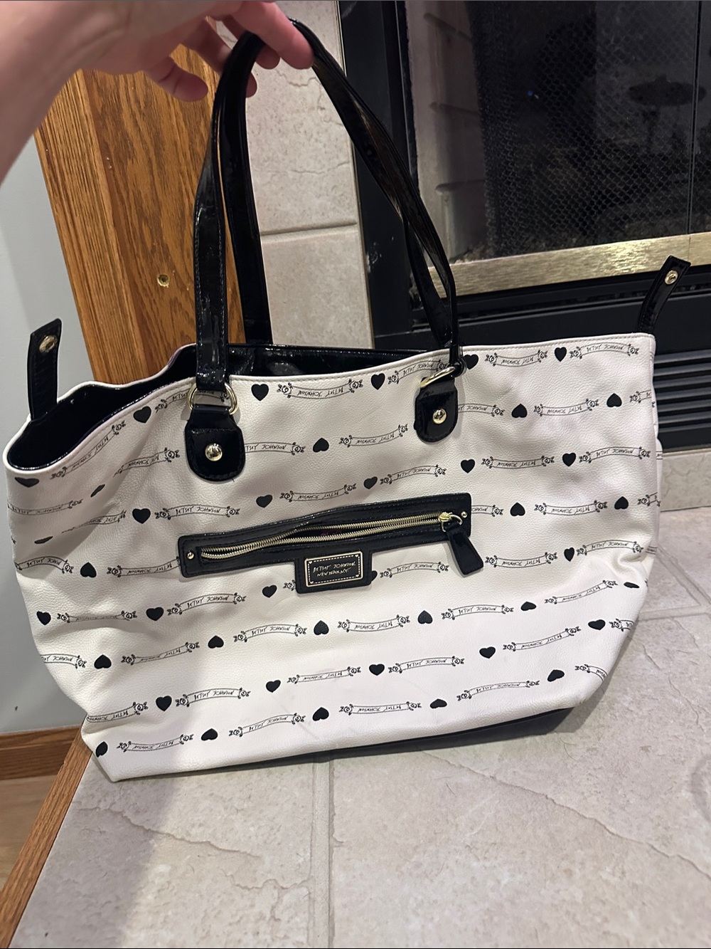 White & Black Heart Print Tote Bag with Black Trim